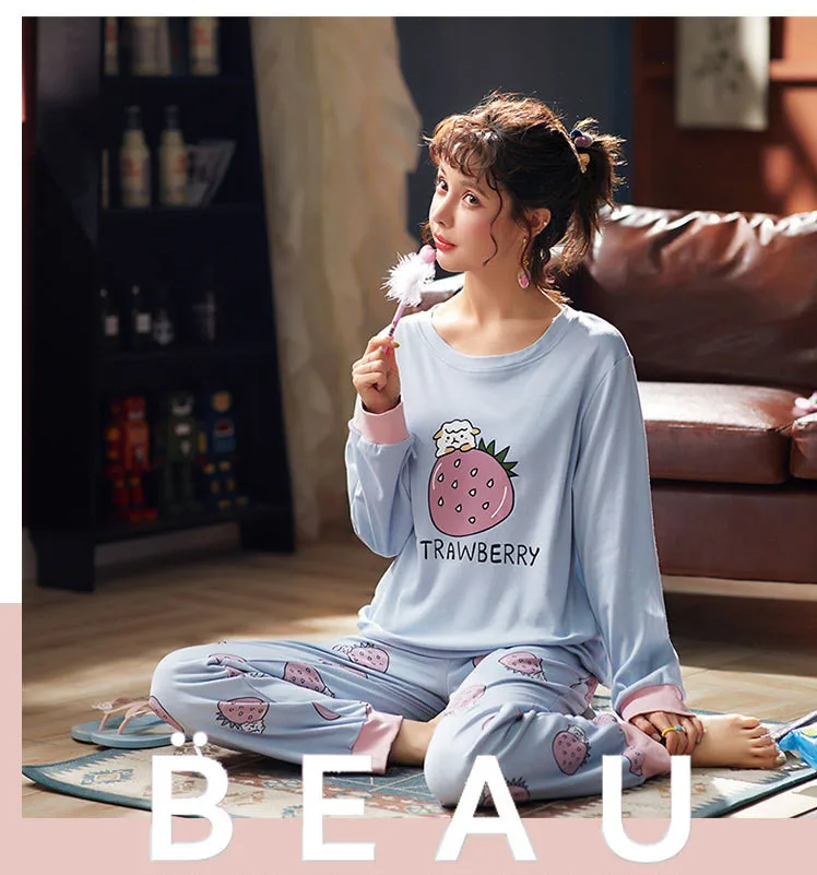 

High quality new cotton pajamas set long sleeve cartoon print sleepwear cute student's home clothes autumn winter pyjamas women