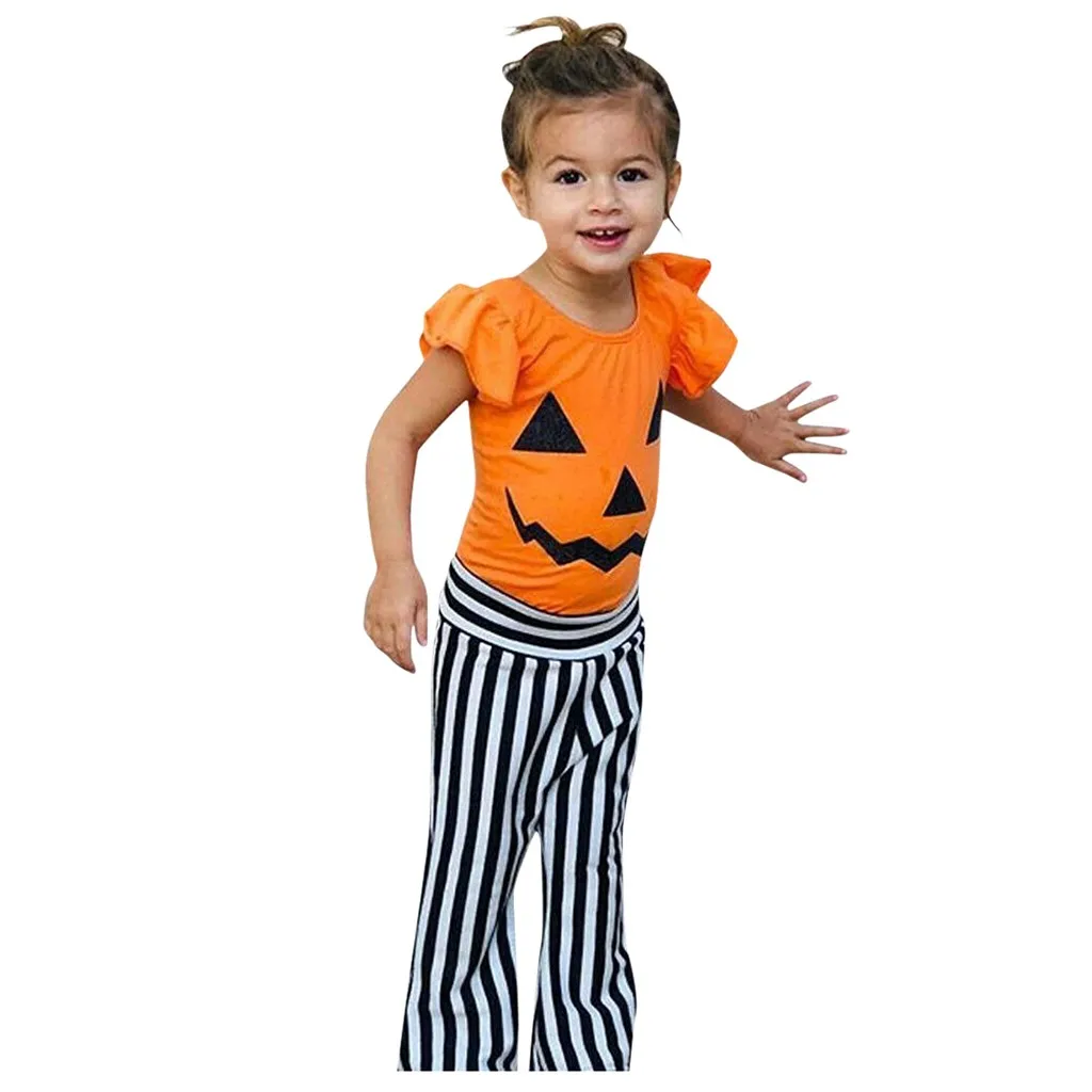 Детская футболка с тыквой на Хэллоуин для маленьких девочек + штаны в полоску
