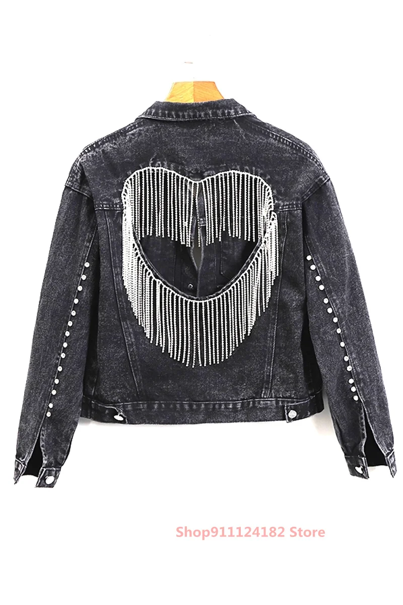 

Love Hollow Heavy Industry Rhinestone Tassel Denim Jacket 2021 Spring and Autumn New Korean Style Loose Wild Jacket Tops