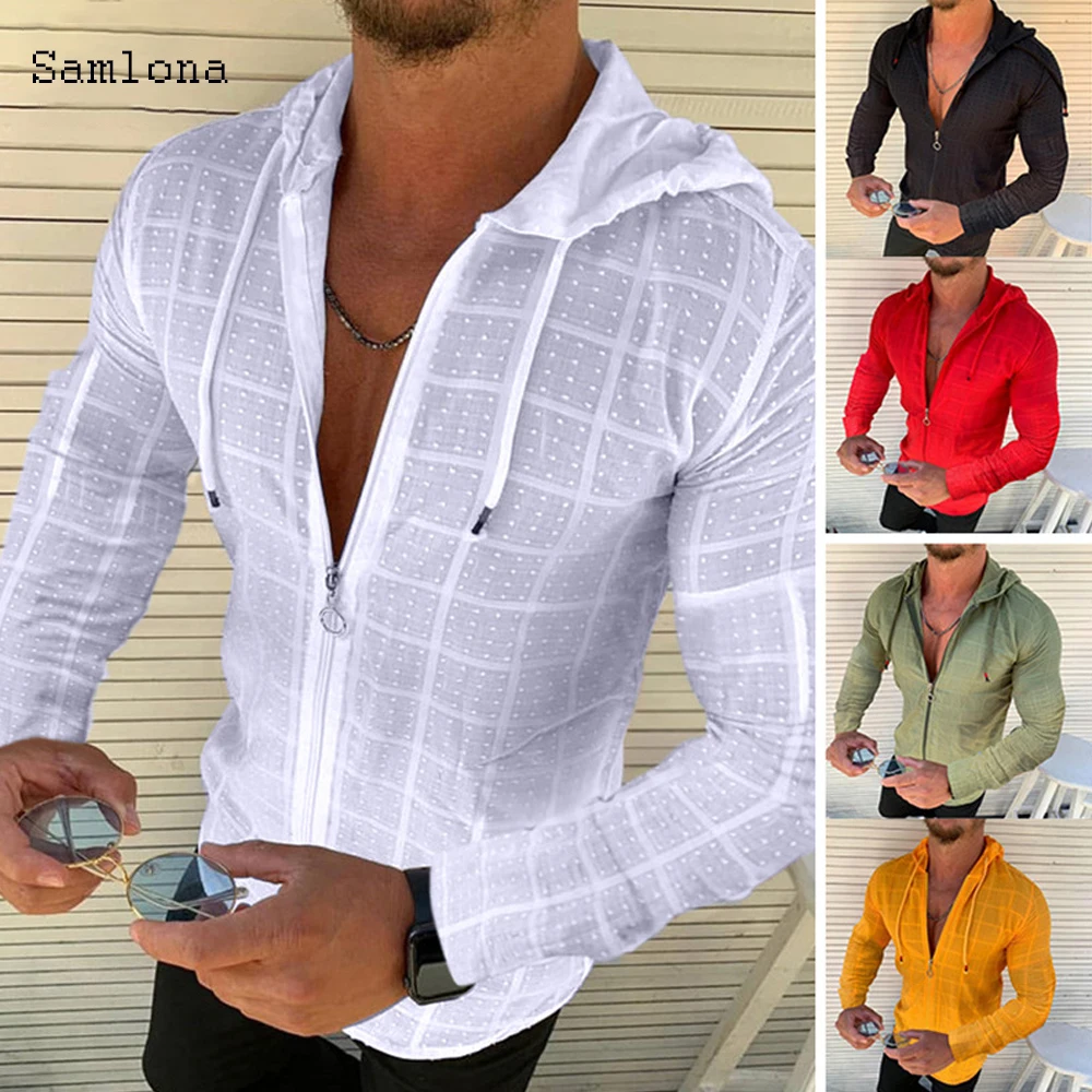 

Men Hooded Grid Shirt Men's Cardigan Zipper Casual Shirt Long Sleeve Formal Dress Shirts Men Hawaii Vacation Jogging Shirt