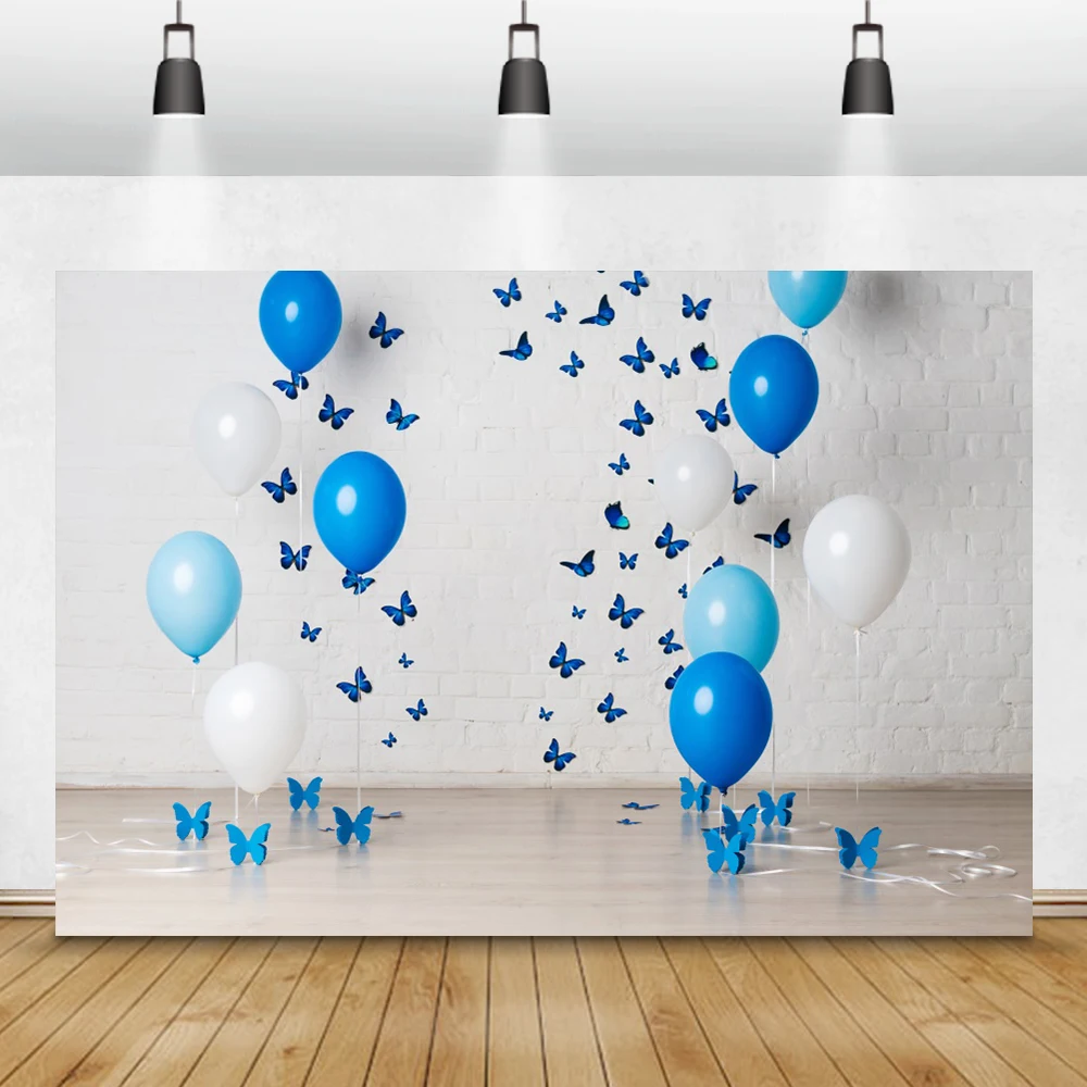 Laeacco День Рождения Вечеринка фотосессия синие воздушные шары облака Цветы