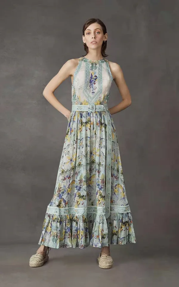 

Chao brand 2021 spring and summer fashion foreign style round neck sleeveless bandage waist small fresh printing dress long