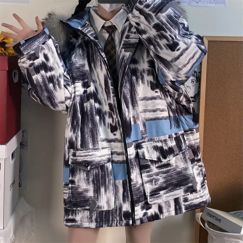 Куртка-пуховик с абстрактным принтом для пары зимняя стеганая одежда