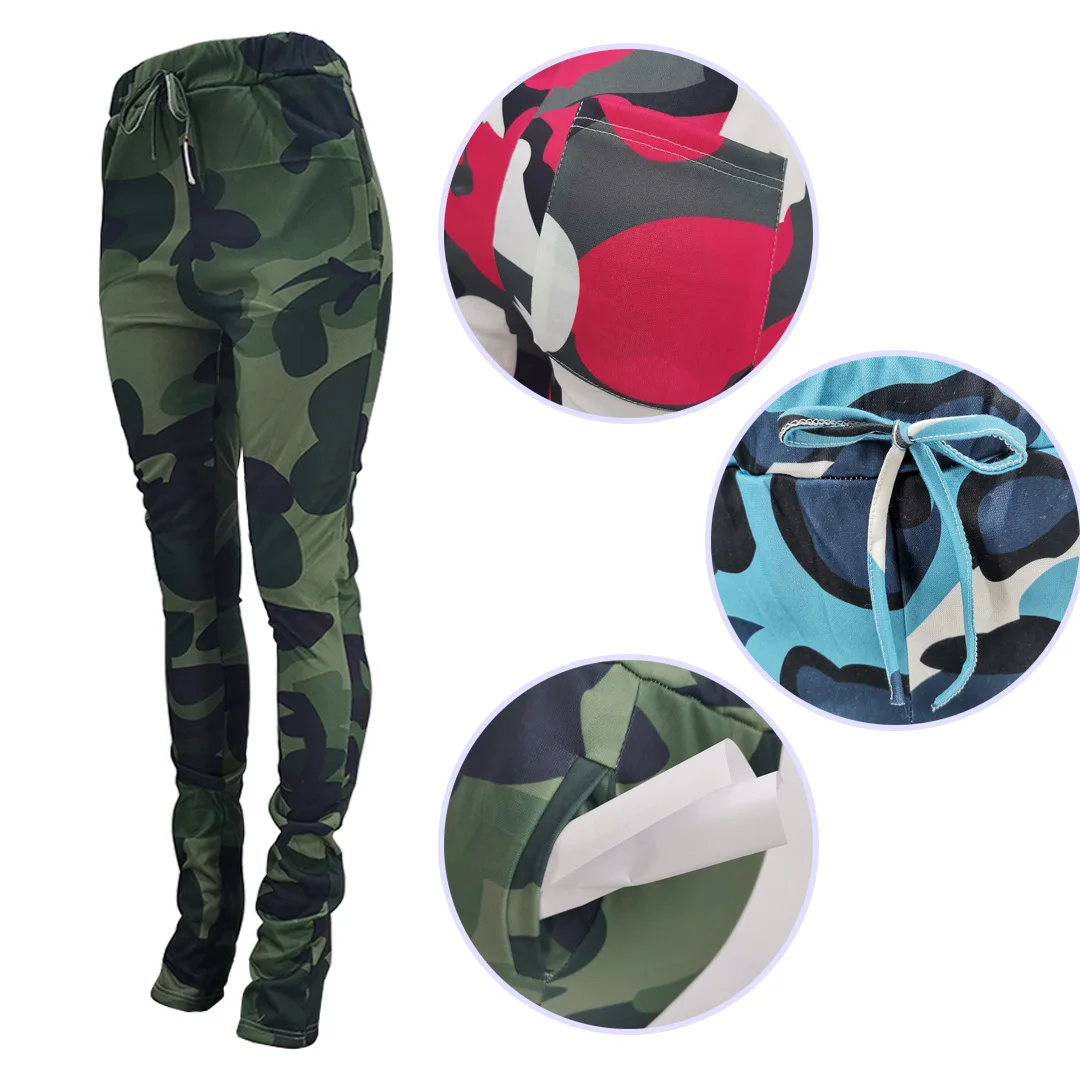 

HAOOHU Women Stacked Sweatpants Camo Drawstring Skinny Jogger Trousers Camouflage Print Streetwear 2021 Cargo Pants Overalls