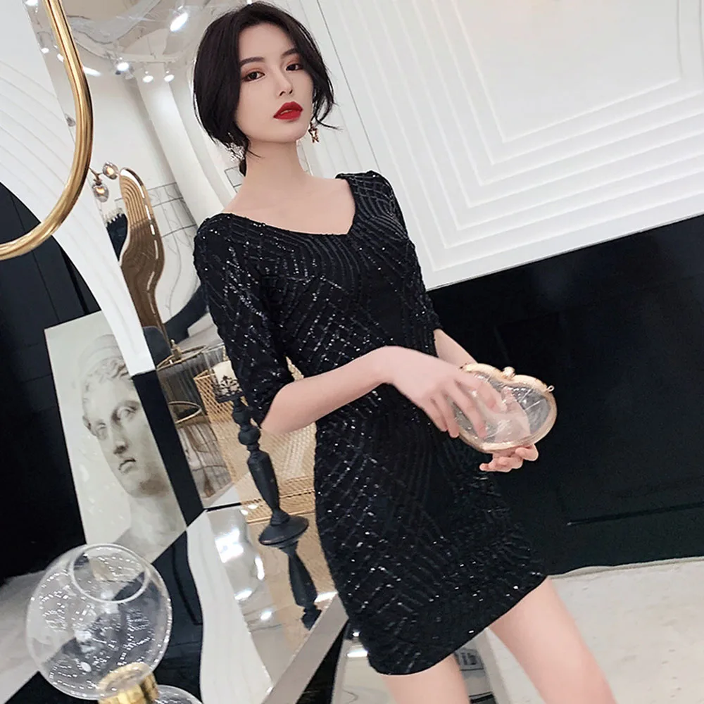 Черный HS Kellio пикантное платье цвета коктейль Vneck темно-синий Мини Короткие рождественские вечерние платья блестящее кружево - Цвет: Черный