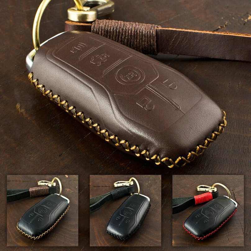 

Genuine Leather Car Key Case For Ford Edge Explorer Fusion Mustang F-150 F-450 F-550 Lincoln MKZ MKC Smart Remote Fob Cover Bag