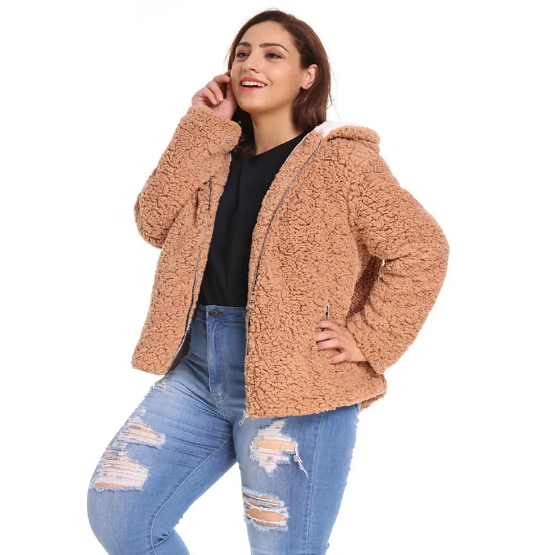 

foreacha 2021 Autumn Winter Female Jacket New Slim Warm Casual Hooded Camel Fake fur jackets Plus size Women Faux Fur Coat