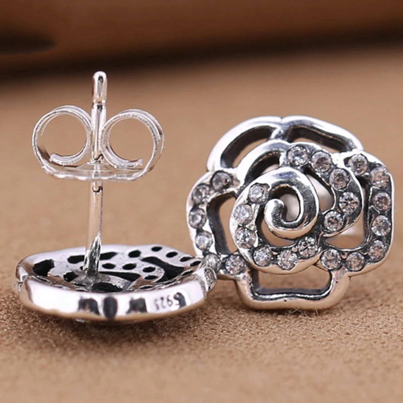 

Original 925 Sterling Silver Pan Earring Shiny Rose Earrings For Women Wedding Gift Fashion Jewelry