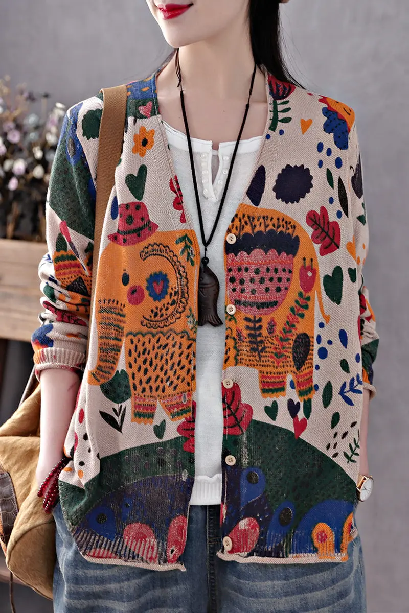 

Animal Pattern Retro Spring New Cardigan Sweater Women Loose Printed Long-sleeved Sweater Coat Knit Cotton Shirt Lady Tops R318
