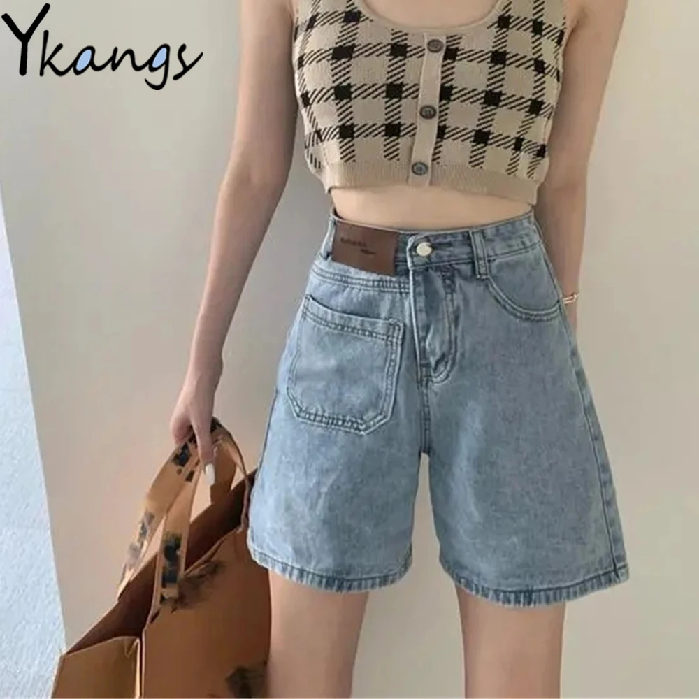 

Asymmetry Pockets High Waist Denim Shorts Summer Women'S Fashion Straight Leg Short Jeans Korean 2021 Streetwear Teens Hot Pants