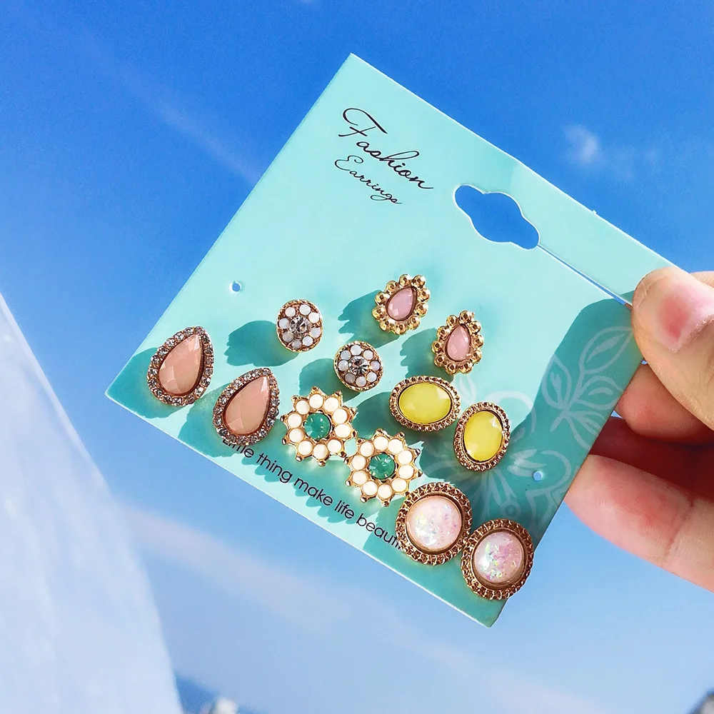 

New Multi-Element Water Drop Flower 6Pcs/Set Colorful Opal Circle Earrings Fashion Party Style Women Zircon Ear Studs Jewelry