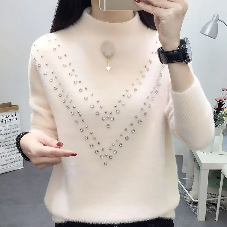 

2021 Spring And Autumn New Mink-like Half Turtleneck Sweater Women's Beading Loose Thin Knitting Base Hedging Solid Color