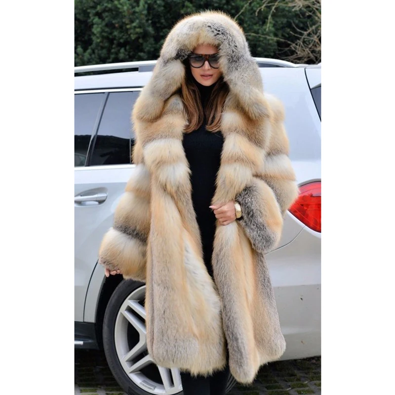 FURSARCAR Luxurious Real Natrual Golden Fox Fur Jacket With Hood Thick 2021 New Fashion Long Women Winter Fur Coat Plus Size