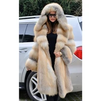 fursarcar luxurious real natrual golden fox fur jacket with hood thick 2021 new fashion long women winter fur coat plus size