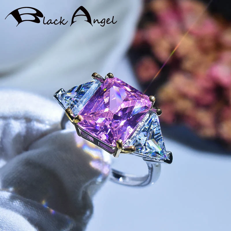 

BLACK ANGEL New 925 Sterling Silver Ring Inlaid Shiny Princess Square Pink Zircon White Gemstone For Women Wedding Jewelry Gift