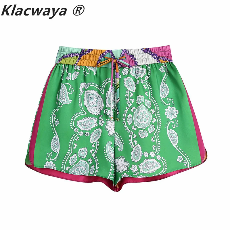 

Klacwaya Women 2021 Vintage Floral Print Patchwork Summer Hot Skirts Shorts Femme Chic Elastic Waist Ribbon Pantalone Cortos