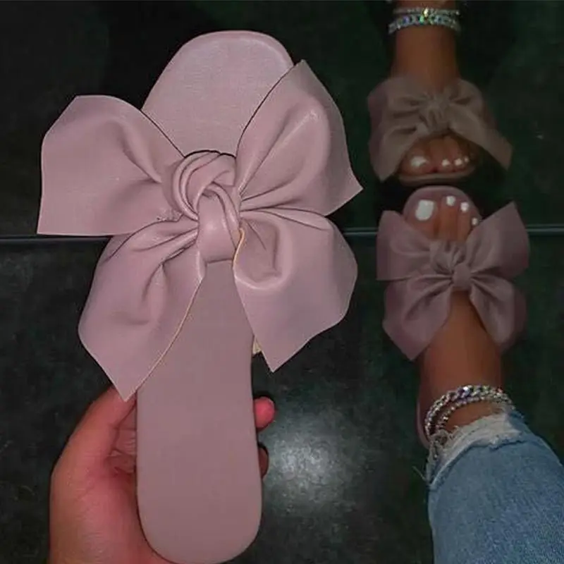 

Slippers Shoes Women Summer PU Leather Ladies Bow Slides Fashion Outside Outdoor Indoor Female Shoes 2021 Woman Flat beach flip