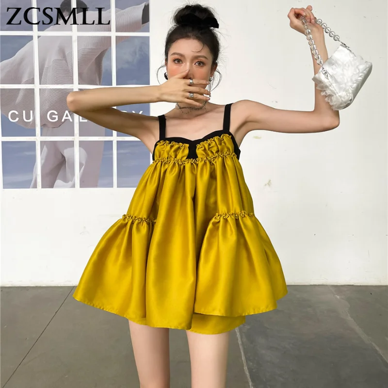 

ZCSMLL Yellow Sleeveless Dresses for Women Korean Fashion Vintage Strapless 2021 Spring Summer New Mini Dress