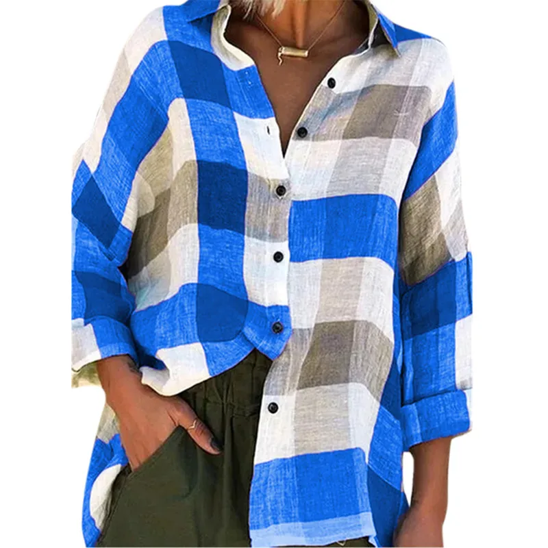 

Womens Button Down Plaid Check Tee Tops Ladies Casual Long Sleeve T Shirt Blouse