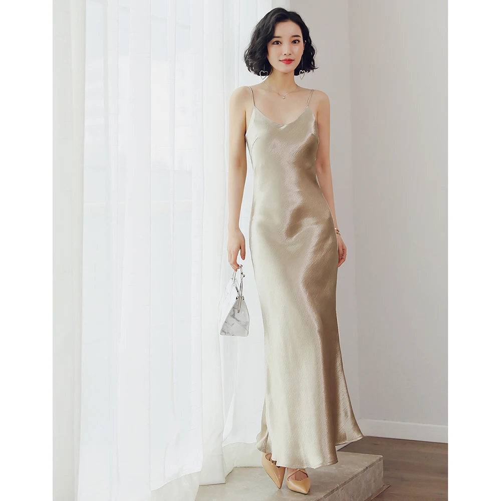 

Summer Dress Women Casual Long Satin Slip Dress Spaghetti Strap Party Dress Vintage Gold White Silk Sexy Maxi Dresses Vestidos