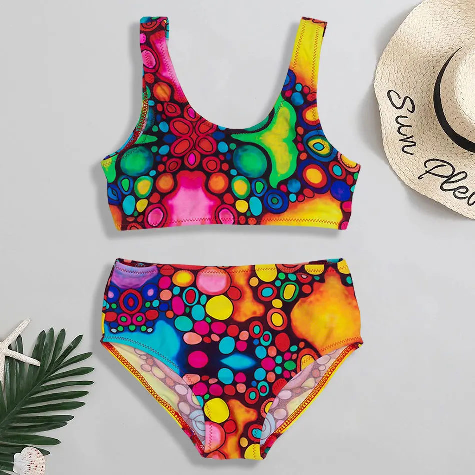 От 3 до 14 лет Купальник для девочек Детский комплект бикини с принтом подростков