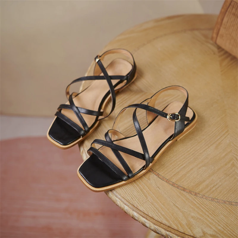 

Meotina Sandals Shoes Women Natural Genuine Leather Sandals Cross Strap Flat Shoes Buckle Square Toe Lady Footwear Summer Brown
