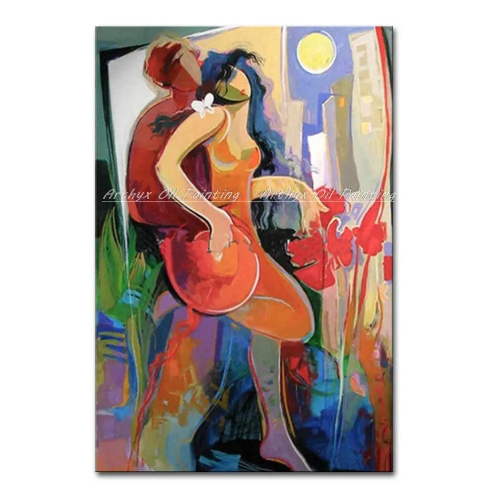 Arthyx-figura de parejas abstractas pintadas a mano, pintura al &oacute;leo sobre lienzo, arte de pared moderno, imagen de ni&ntilde;a para decoraci&oacute;n del hogar y sala de estar-0