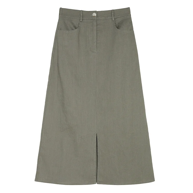 

Korean Chic High Waist Split Skirts Female 2021 Summer New Loose Retro A-line Skirt Simple Solid Casual All Match Femme Faldas