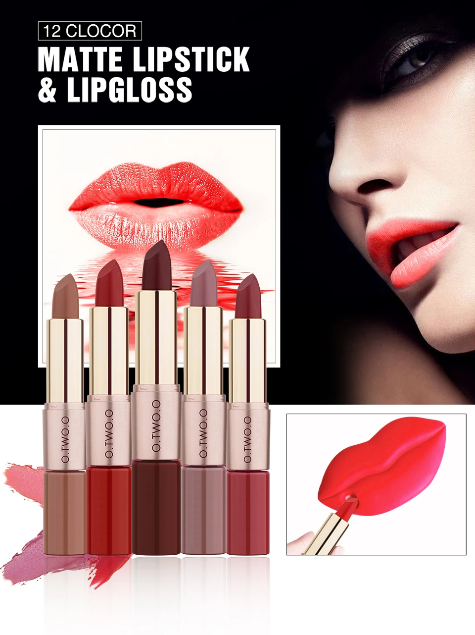 

O.TWO.O 2 In 1 Matte Lipstick and Liquid Lip Gloss Lipstick Shine Shimmer Waterproof Lip Blam Not-Stick Cup Nude Tint TSLM1