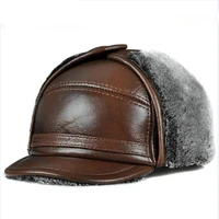 men hats winter warm real leather caps genuine natural fur with leather top bomber solid hats beanies