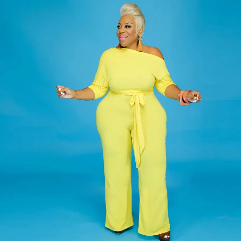 

Zoctuo Plus Size S-5XL Jumpsuits For Women Solid Slash Neck Sexy Jumpsuit Autumn One Shoulder Sashes Lace-Up Loose Rompers