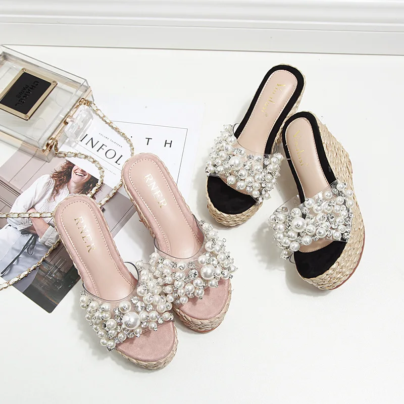 

2020 summer new fashion slope heel sandal straw handmade pearl crystal high-heeled women's slippers