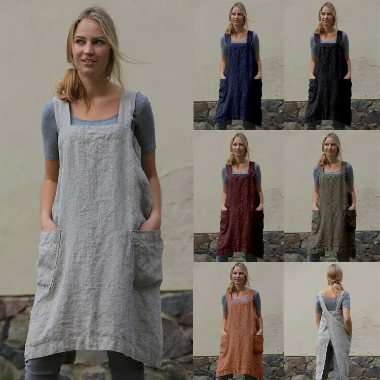 

UK Women's Cotton Linen Cross Back Apron Japanese Housework Wrap Pinafore Dress