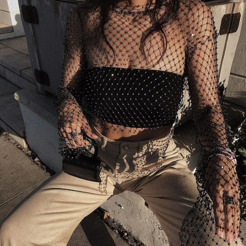 

Fashion Hot Women's Sexy Long-Sleeved See-Through Mesh Explosion Fishnet Flashing Diamond Outer Wear T-shirt Transparent Blouse