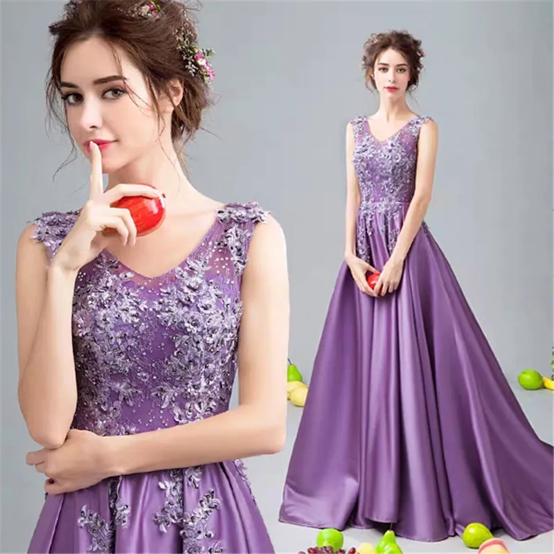 

A Line Satin Lace Applique Beading Scoop Evening Dresses Formal Prom Floor Length Sweep Train Backless