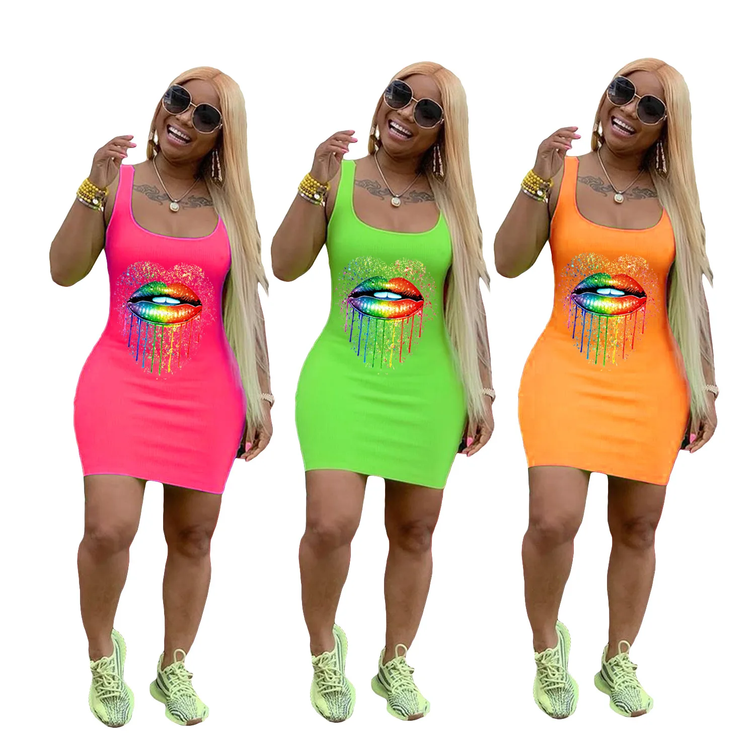 2020 Summer Women's Dress European and American Hot Style Model Solid-color Lip Print Tank Top Bodycon | Женская одежда