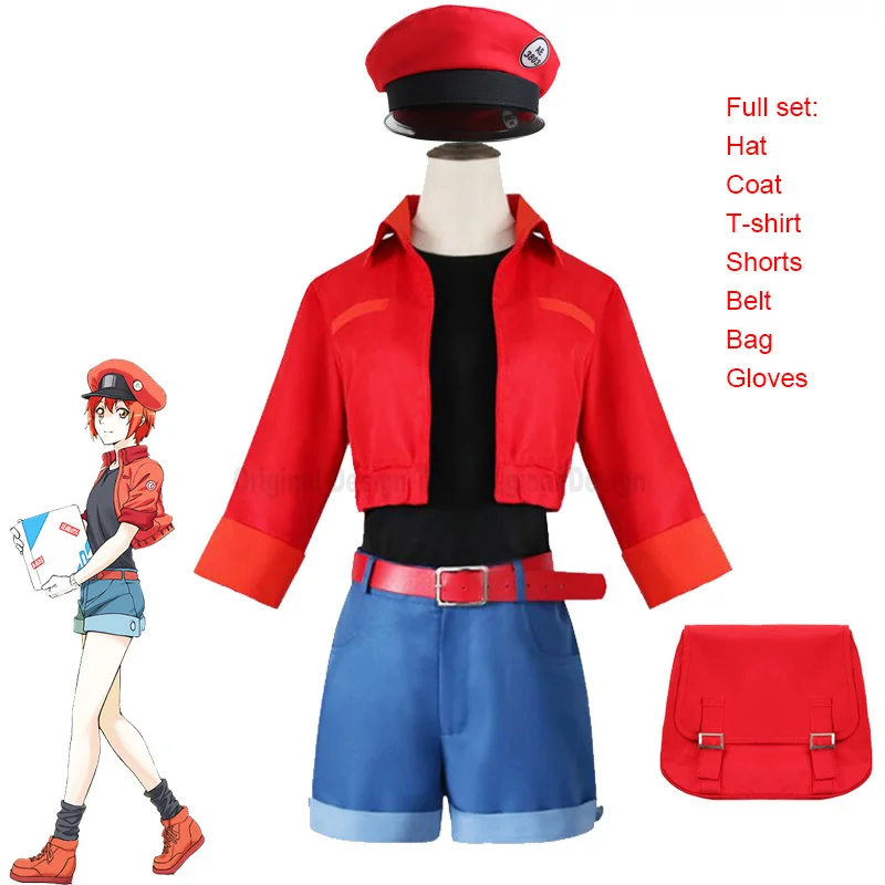 

Anime Costumes Cells at Work! Cosplay Costume Red Blood Cell Uniform Set Seqkeqkyuu Hat And Bag Adult Halloween Party