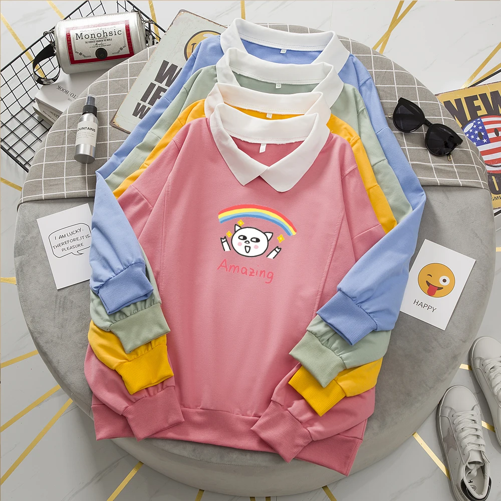 Oversized Sweatshirt with Collar Cotton Loose Fit Hoodies Korean Loose Sweatshirt for Women Turn-down Collar Sweetshirt Oversize