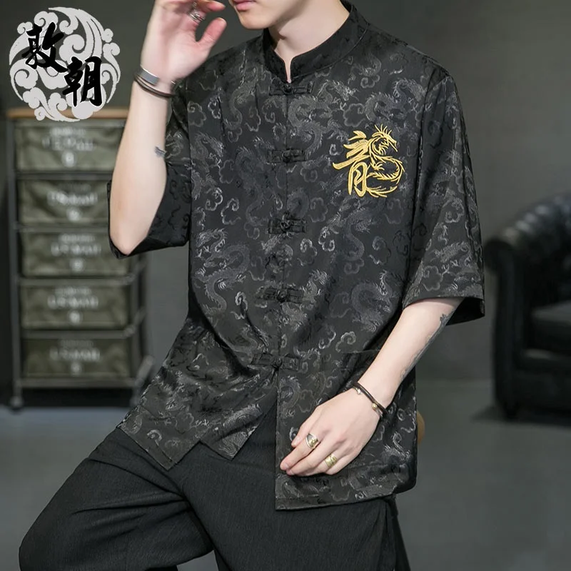 2021 Summer Chinese Style Shirt Men Tang Suit Button Dragon Pirnt Streetwear Shirts Half Sleeve Tops 30632 |