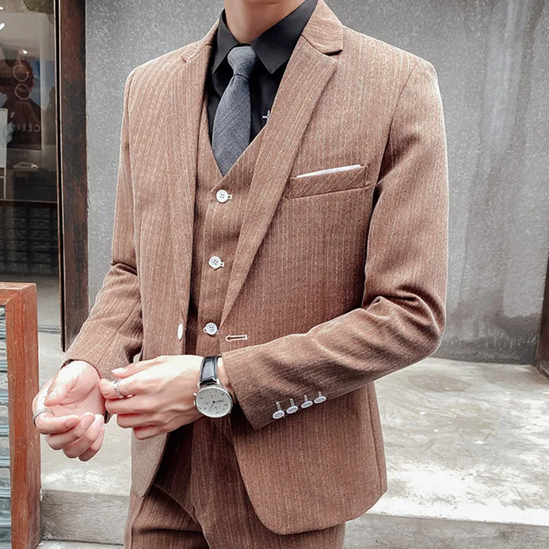 

2021 Men's Business Formal Suit Youth Slim-Fit Vertical Striped Suit Bridegroom Wedding Dress Three-Piece Suit