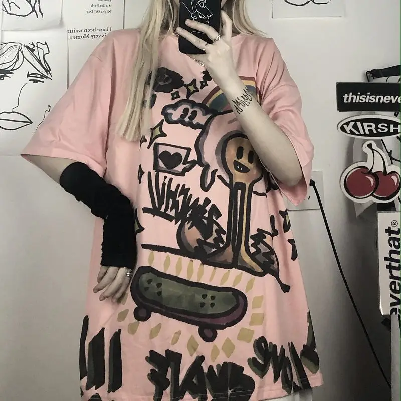 

Summer Harajuku Anime Girl Image Printing Women'S Top T-Shirt Korean Retro Street T-Shirt Preppy Couple Short-Sleeved T-Shirt