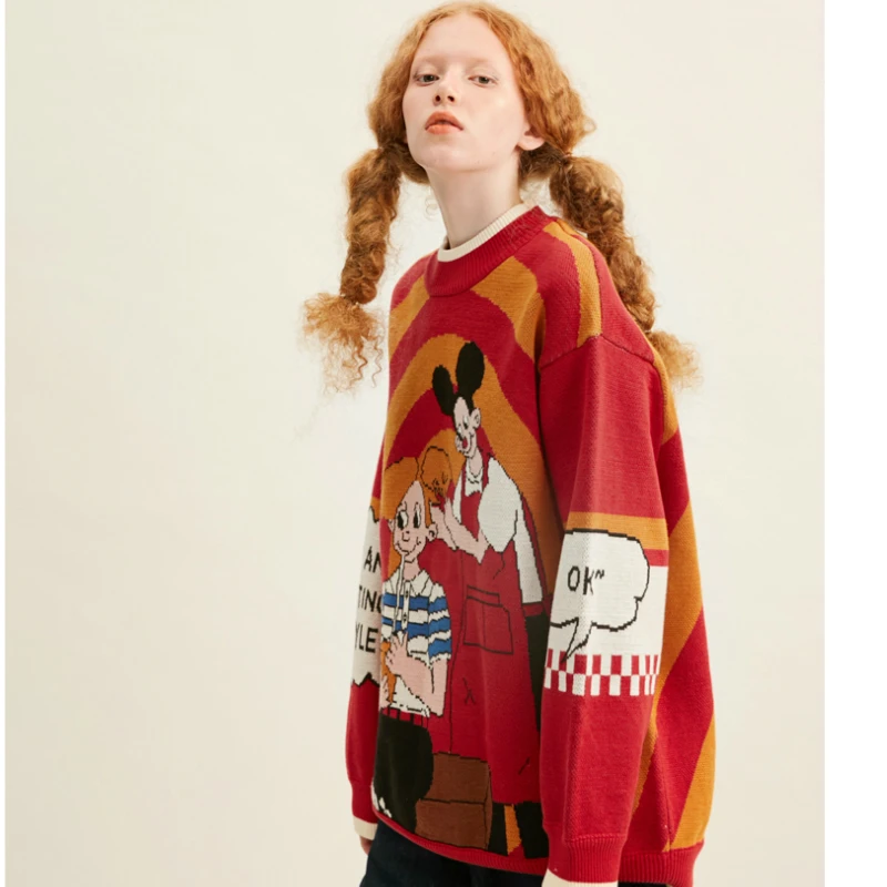 Уличный Забавный мультяшный теплый свитер для женщин с мультяшной вышивкой