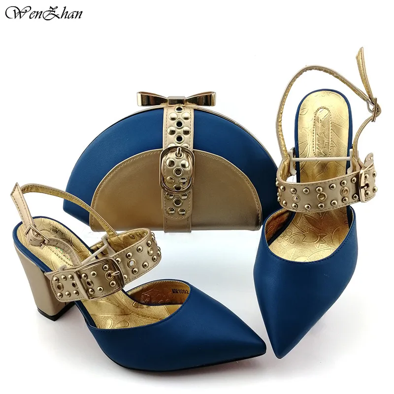 Королевский синий свадебный большой каблук мягкие туфли с клатчем сочетаются наборы африканская женская обувь и сумка продаются вместе 38-43...