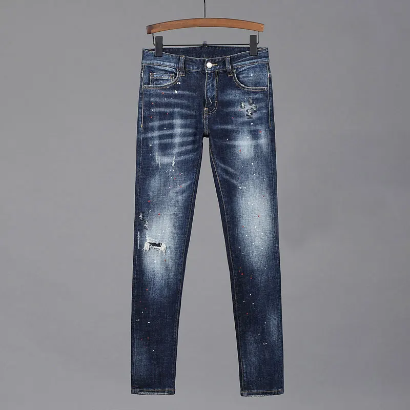 European Vintage Fashion Men Jeans High Quality Retro Blue Slim Ripped Jeans Men Streetwear Painted Designer Casual Denim Pants