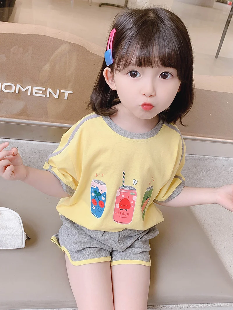 

2021 Cartoon Cola Short Sleeve T-shirt + Shorts Baby 2 Piece Clothing Sets Children Clothes Vacation Outfit Baby Girl Clothes