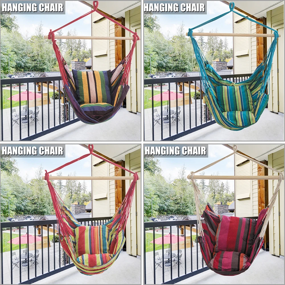 

Striped Canvas Outdoor Travel Camping Garden Hanging Hammock Chair Home Bedroom Dormitory Adults Kids Swing Seat with 2 Pillows