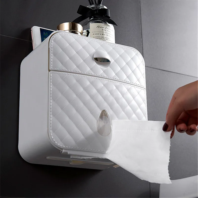 

Wall Mount Paper Holder Waterproof Toilet Roll Holder Shelf Tissue Box Creative Paper Tray Tube Storage Box Bathroom Organizer