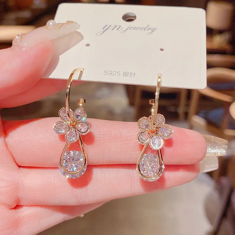 

Luxury 14K Real Gold 925 Silver Needle High Quality Zircon Flower Long Tassel Stud Earrings for Women Cubic Zircon ZC Earrings