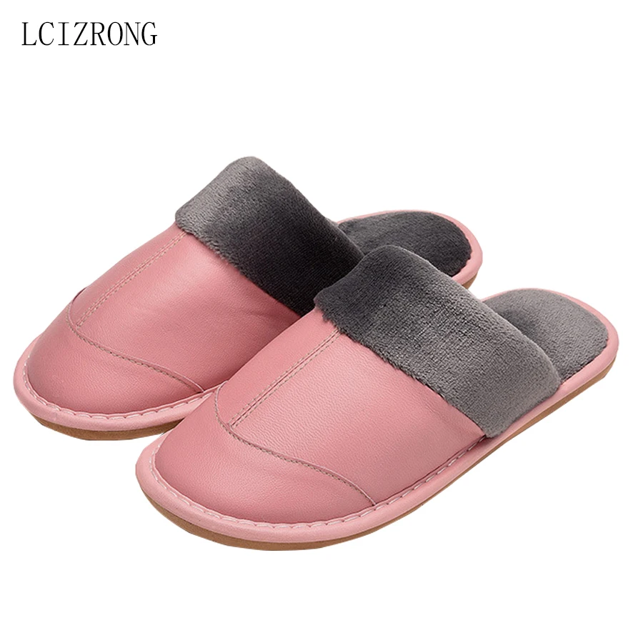

Winter Sheep Leather Slippers for Women 2019 Cotton Warm Home Shoes Family Leather Couple Woman Man House Slippers Big Size