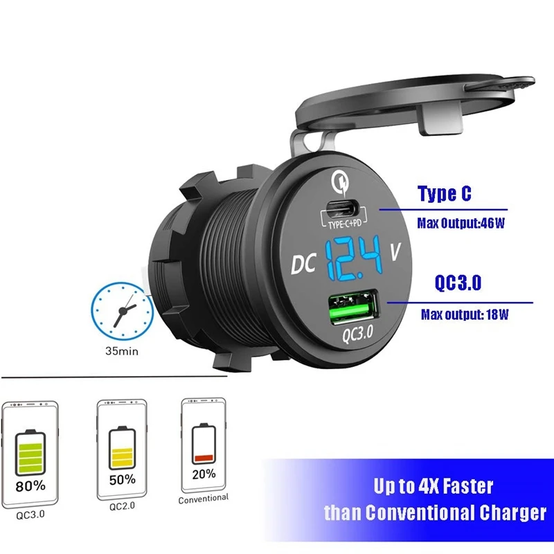 

18W Quick Charge 3.0 USB Car Charger 48W Type-C PD Fast Charge Socket Outlet Adapter for Car, Boat, RV, Motorcycle